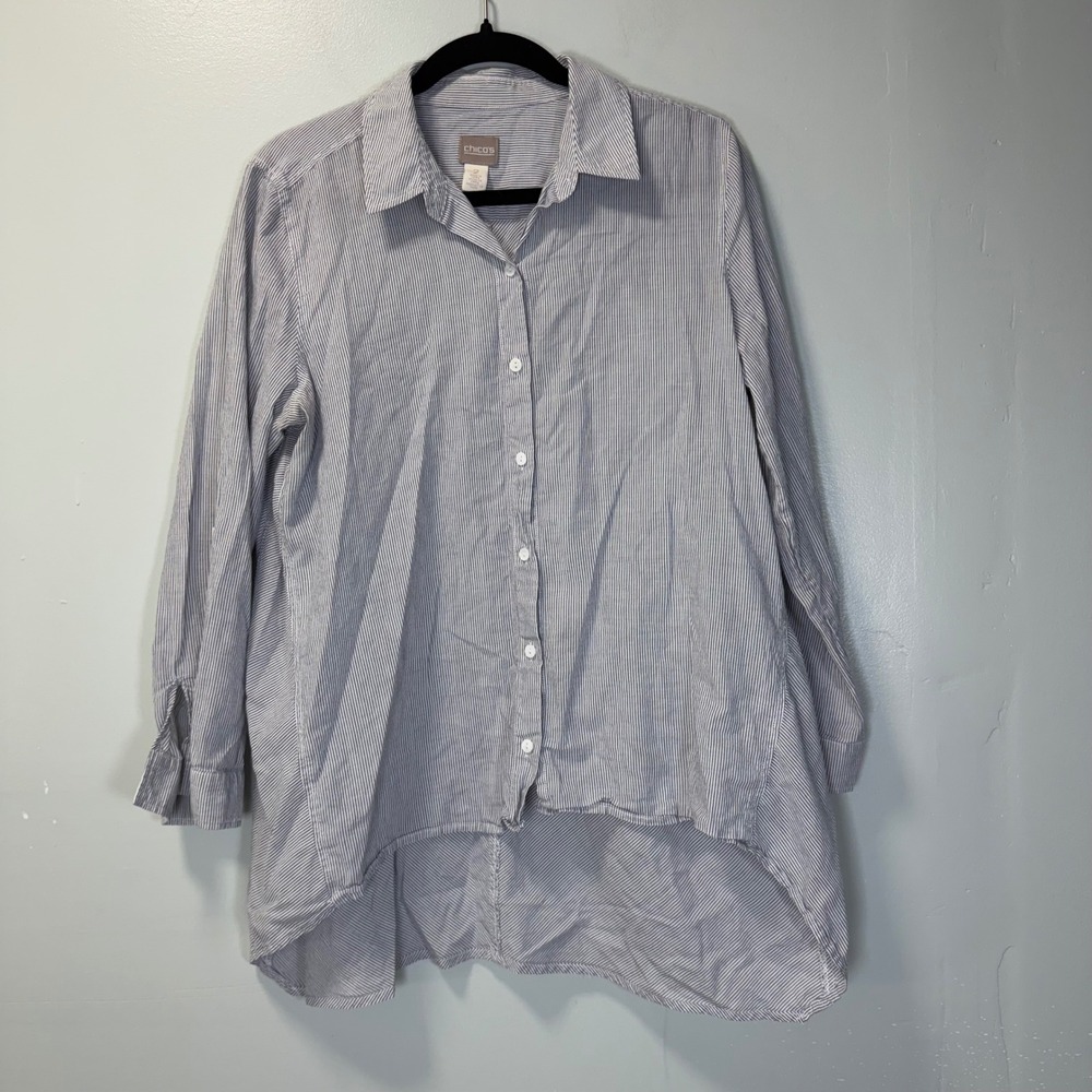 Chicos Blue White‎ Pinstripe High Low Roll Tab Button Down Shirt Cotton Size 2